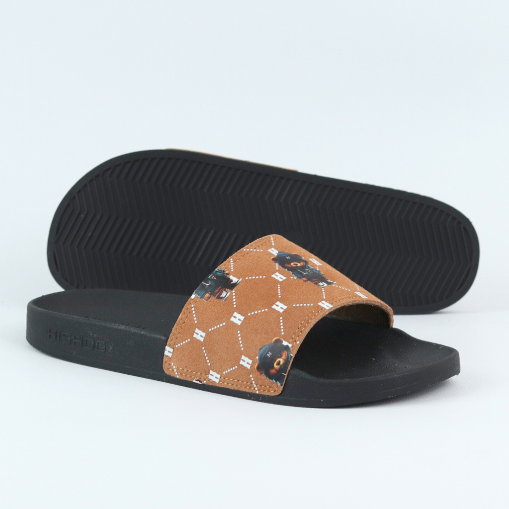 Dép quai ngang da bò lộn Bò+Xám Gấu Bí Lù Monogram HISHOO U113