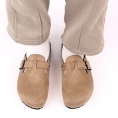 Dép đế trấu sục Boston Xám/ Kem/Bò quai ngang da lộn HISHOO R109