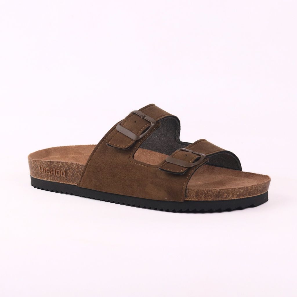 Dép đế trấu birken 2 khoá NÂU da lộn premium HISHOO H093