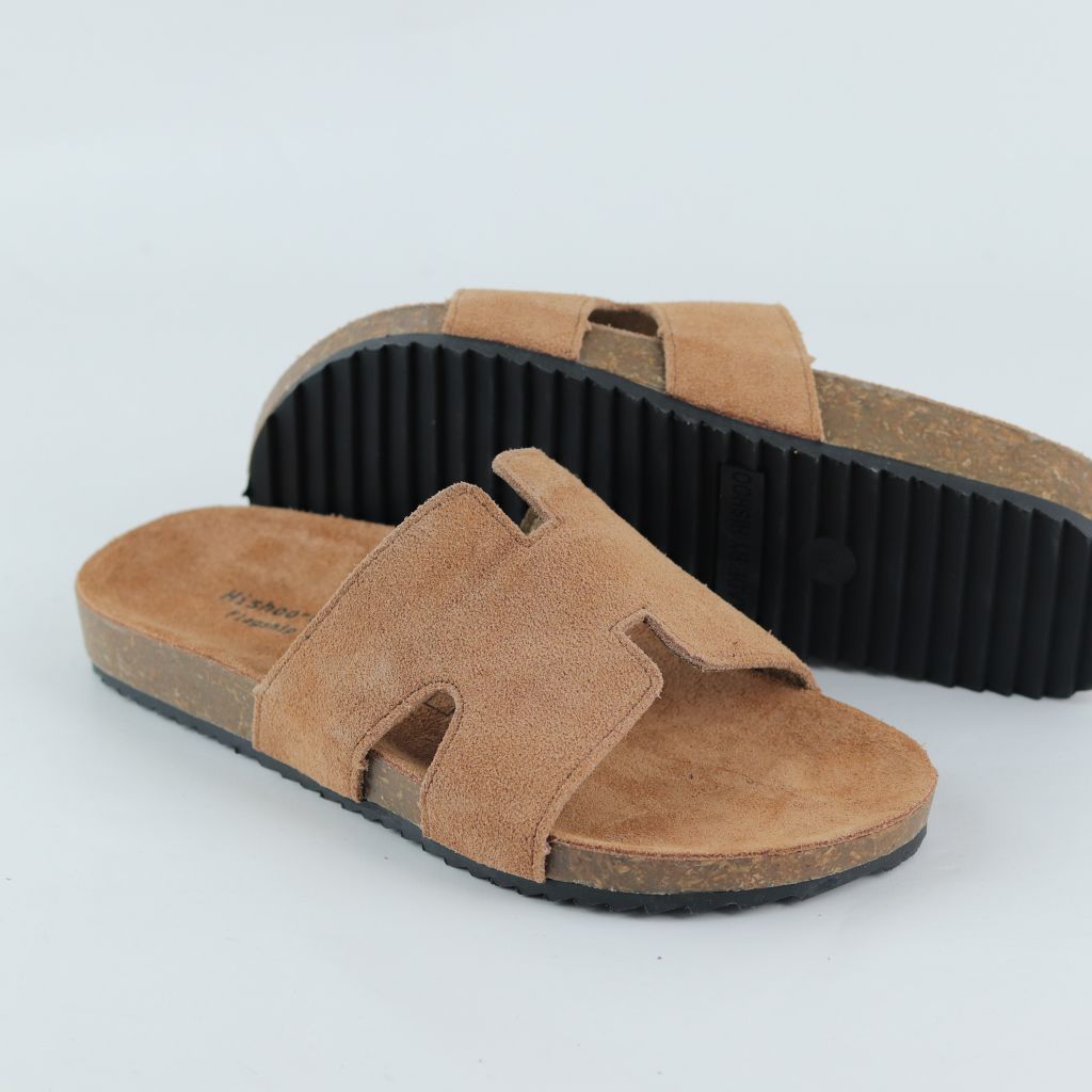 Dép đế trấu birken quai ngang chữ H da lộn HISHOO R095