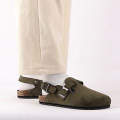 Dép đế trấu Sandal sục Boston Sandal quai ngang Rêu Olive da lộn HISHOO R111