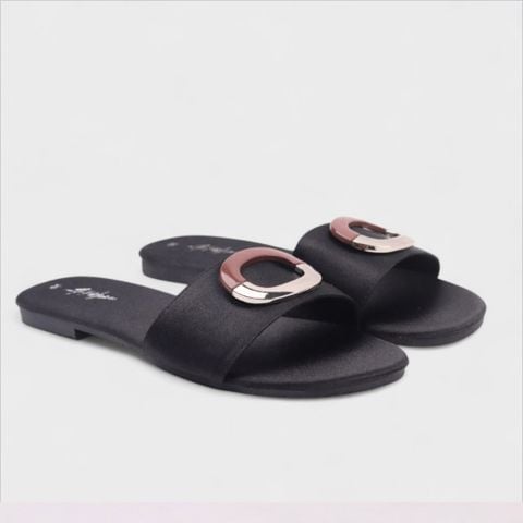 Dép lê nữ quai ngang đính khoá bạc nâu HISHOO S122