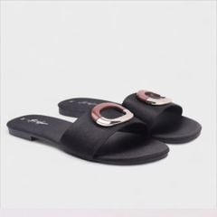 Dép lê nữ quai ngang đính khoá bạc nâu HISHOO S122