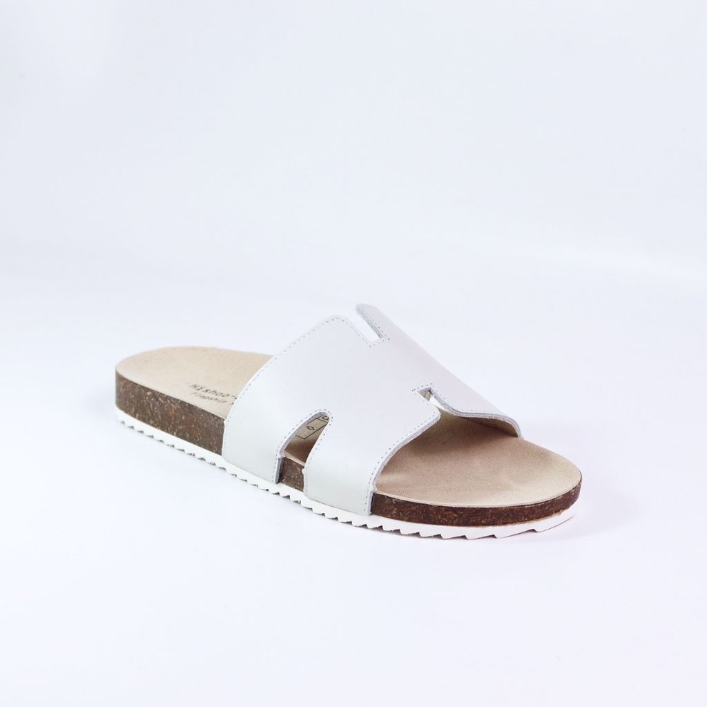 Dép đế trấu birken quai ngang chữ H MẶT ĐEN da bò HISHOO M095