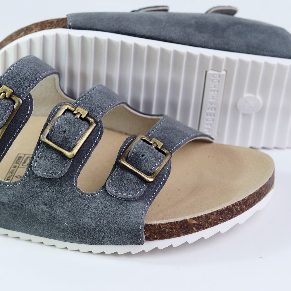 Dép đế trấu birken quai ngang 3 khoá da lộn HISHOO R092