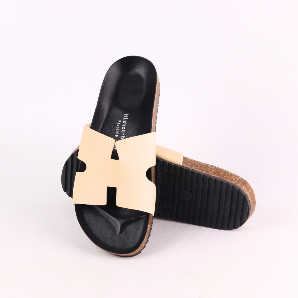 Dép đế trấu birken quai ngang chữ H MẶT ĐEN HISHOO S095