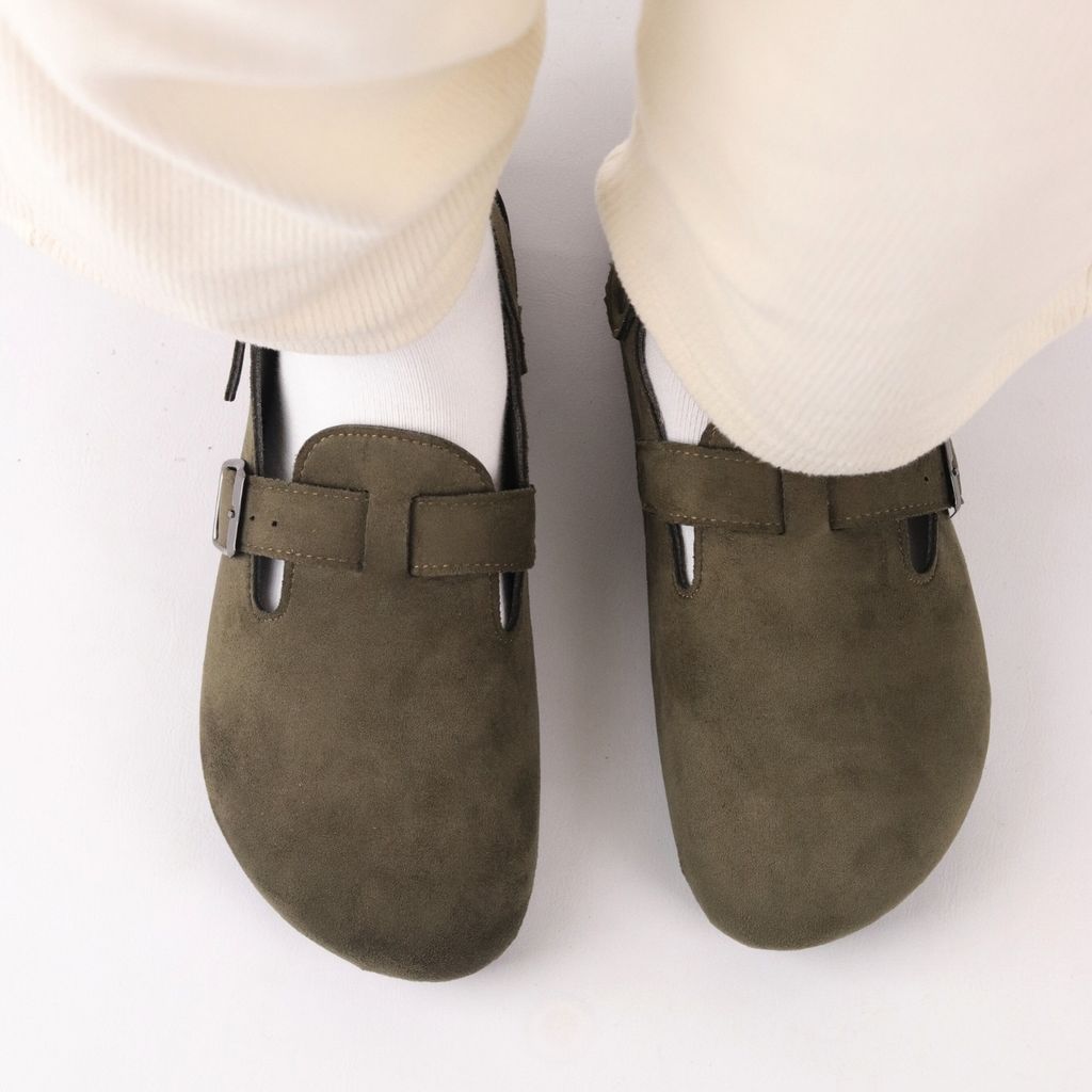 Dép đế trấu Sandal sục Boston Sandal quai ngang Rêu Olive da lộn HISHOO R111
