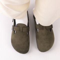 Dép đế trấu Sandal sục Boston Sandal quai ngang Rêu Olive da lộn HISHOO R111