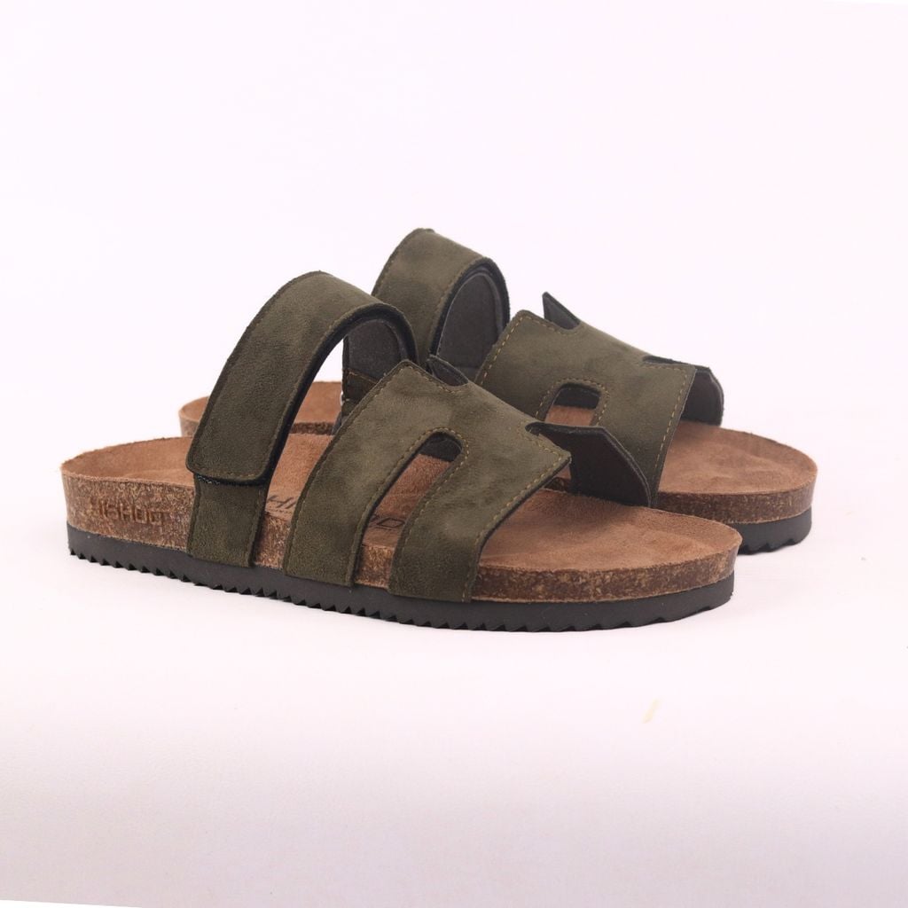 Dép đế trấu birken Chữ H Sandal quai ngang bản, da lộn premium HISHOO H104