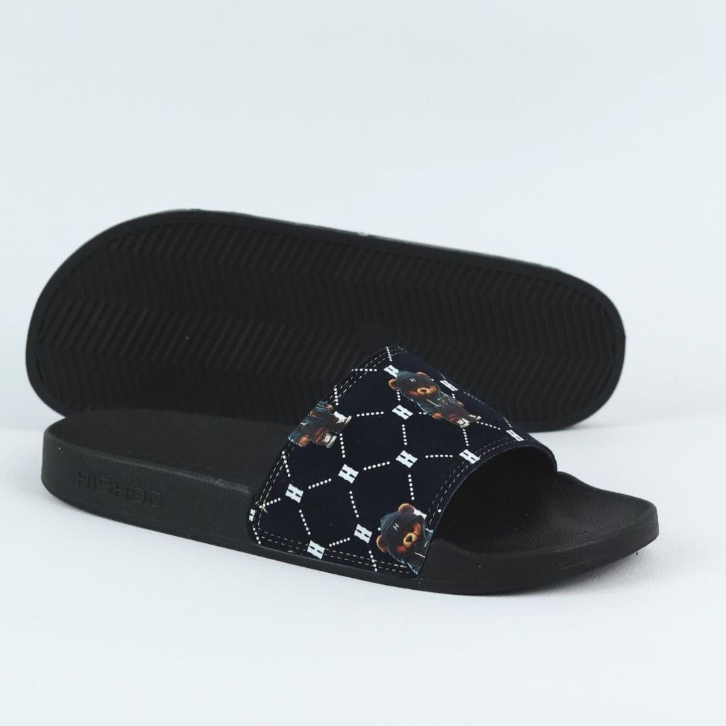 Dép quai ngang da bò lộn Đen+Xanh Dương Gấu Bí Lù Monogram HISHOO U113