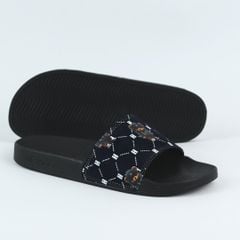 Dép quai ngang da bò lộn Đen+Xanh Dương Gấu Bí Lù Monogram HISHOO U113