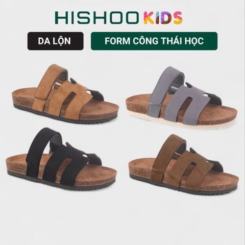 Dép đế trấu birken bé trai bé gái Chữ H Sandal quai ngang bản, da lộn premium HISHOO H104