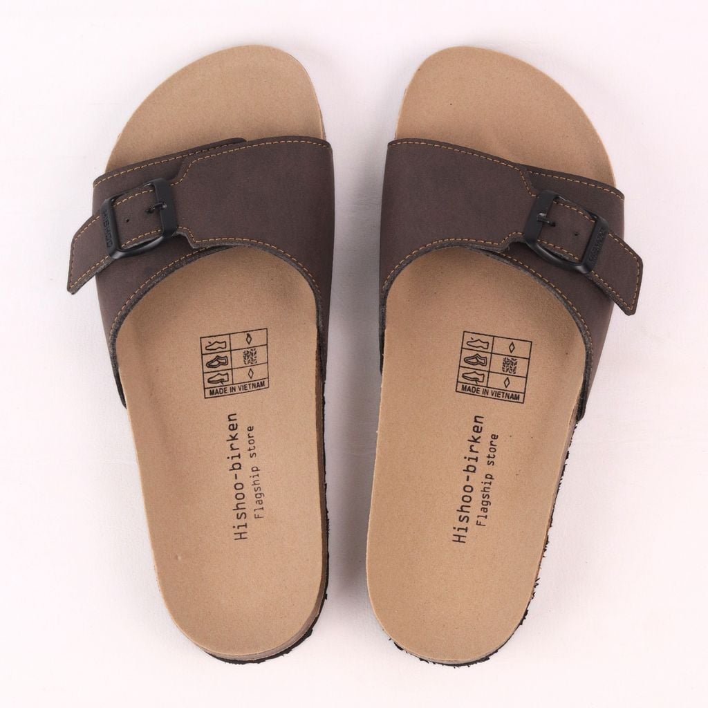 Dép đế trấu birken quai ngang 1 khoá da bò HISHOO M113