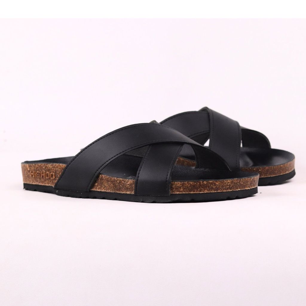Dép đế trấu birken quai ngang chéo MẶT ĐEN da bò HISHOO M096