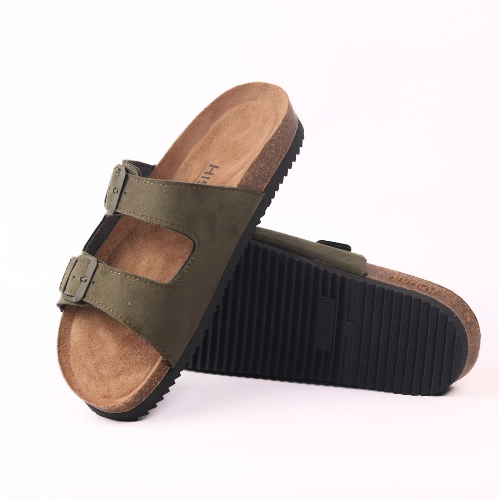Dép đế trấu birken 2 khoá Rêu Olive da lộn premium HISHOO H093