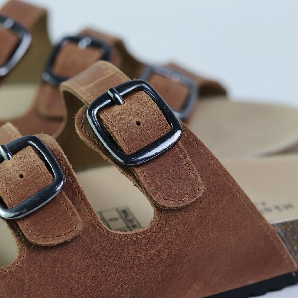 Dép đế trấu birken quai ngang 3 khoá da bò HISHOO M092