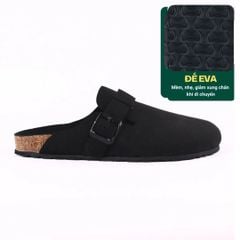 Dép đế trấu sục Boston quai ngang Đen da lộn HISHOO R109