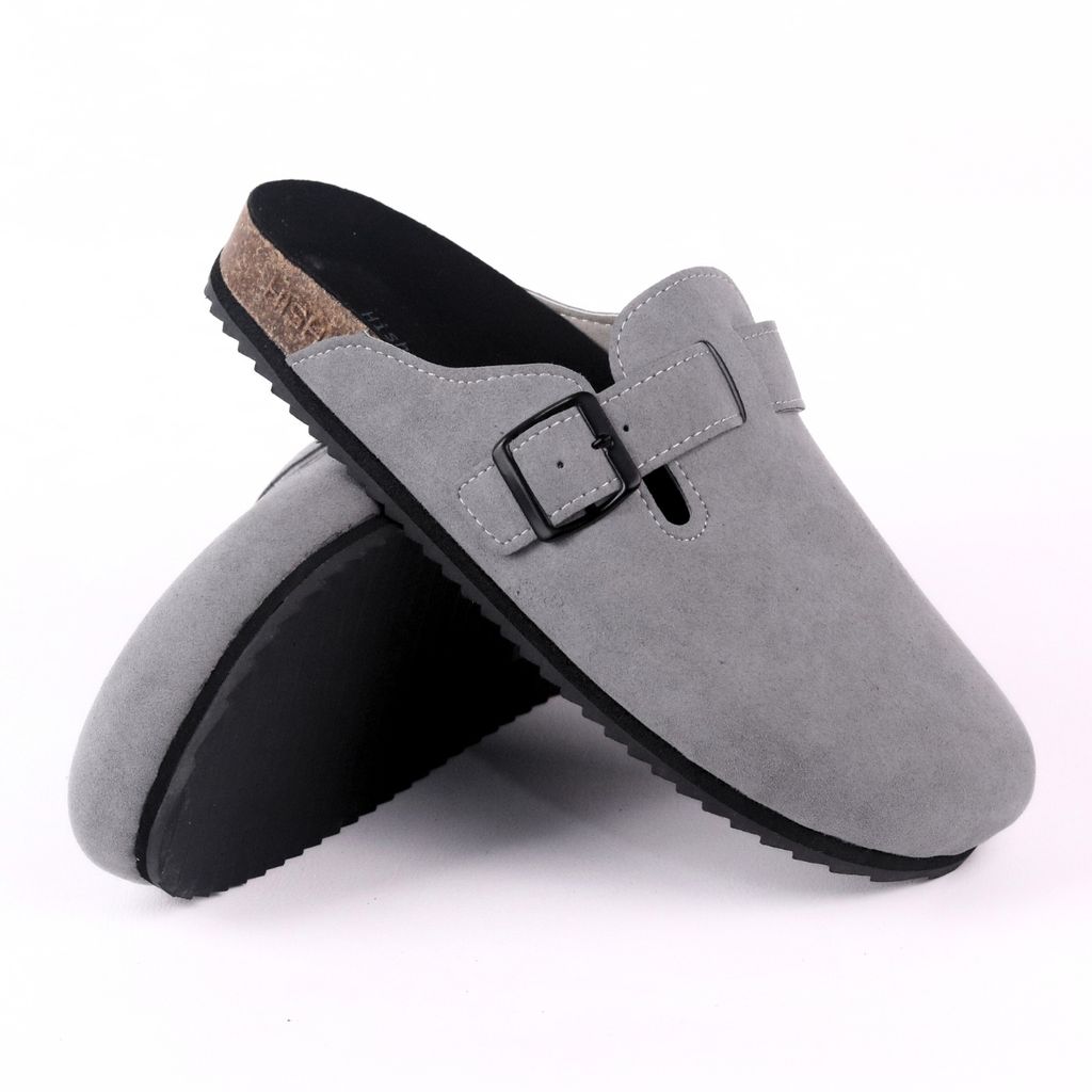 Dép đế trấu sục Boston Xám/ Kem/Bò quai ngang da lộn HISHOO R109