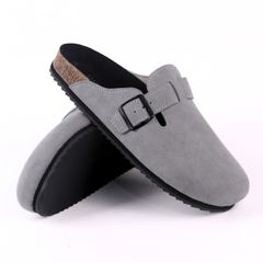 Dép đế trấu sục Boston Xám/ Kem/Bò quai ngang da lộn HISHOO R109