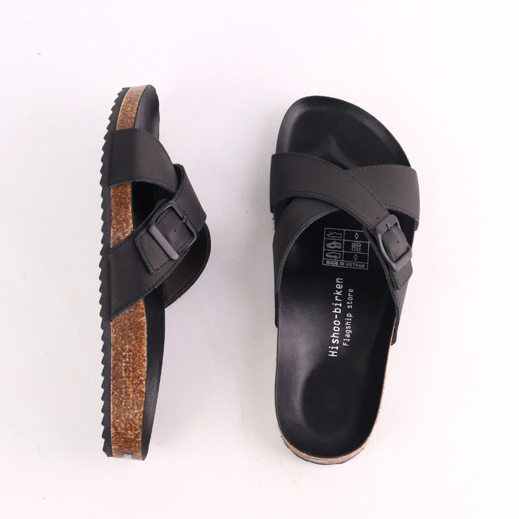 Dép đế trấu birken quai ngang chéo da bò [CÓ KHOÁ] HISHOO M096