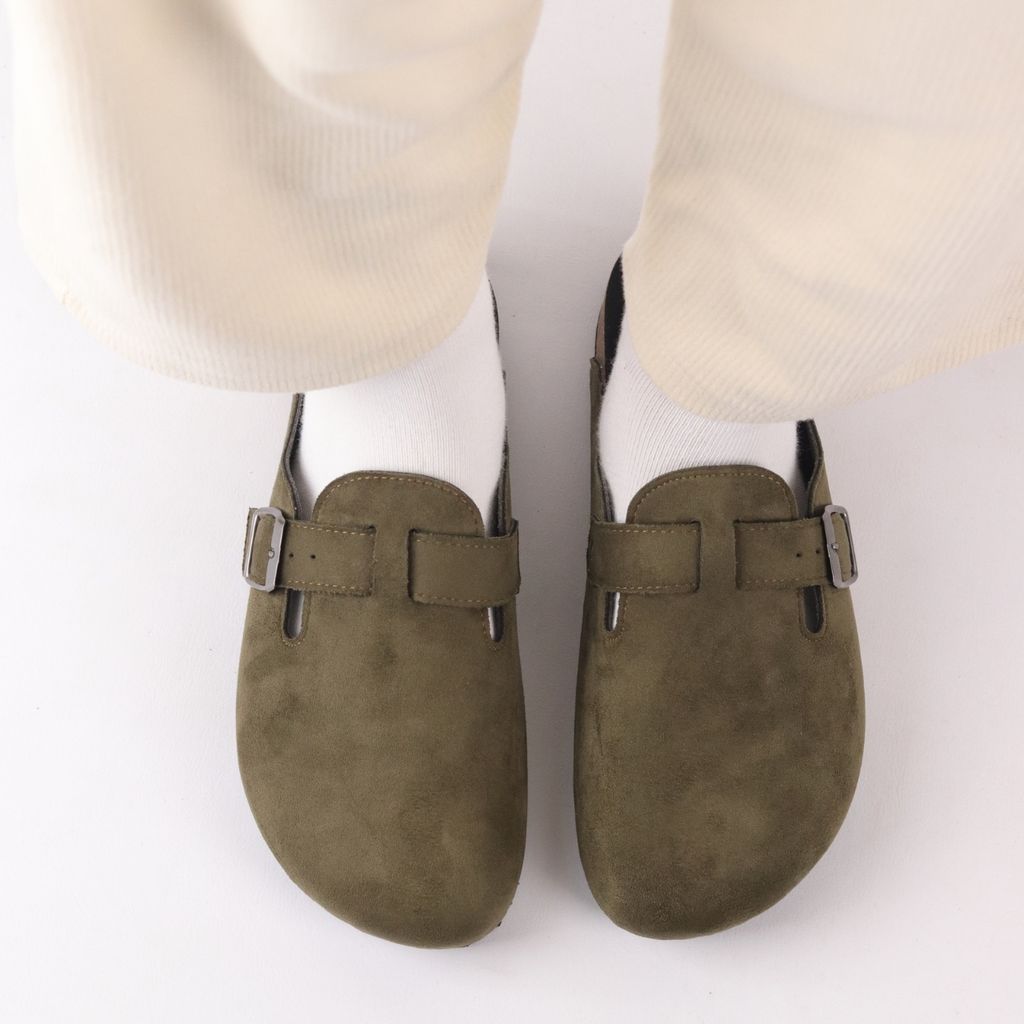 Dép đế trấu sục Boston quai ngang Rêu Olive da lộn  HISHOO R109