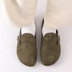 Dép đế trấu sục Boston quai ngang Rêu Olive da lộn  HISHOO R109
