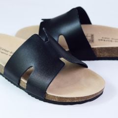 Dép đế trấu birken quai ngang chữ H MẶT ĐEN HISHOO S095