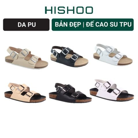 Dép đế trấu Sandal birken 2 khoá da PU mặt đen HISHOO S102