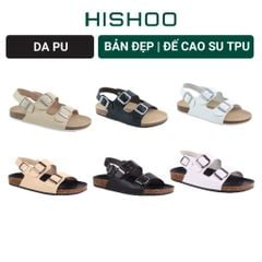 Dép đế trấu Sandal birken 2 khoá da PU mặt đen HISHOO S102