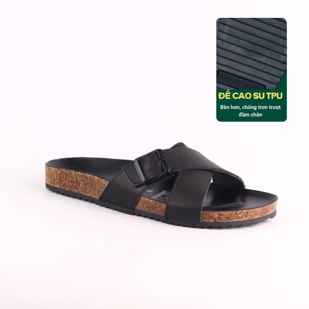 Dép đế trấu birken quai ngang chéo da bò [CÓ KHOÁ] HISHOO M096