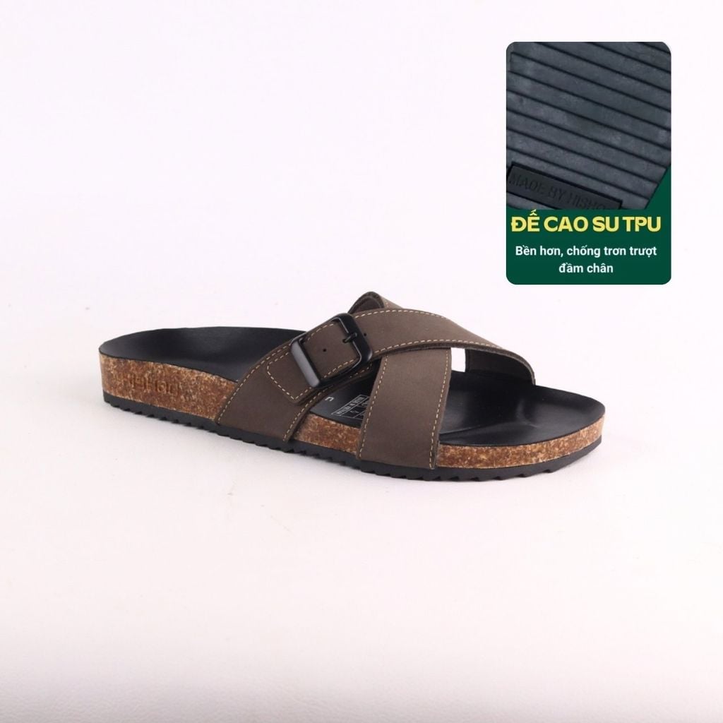 Dép đế trấu birken quai ngang chéo da bò [CÓ KHOÁ] HISHOO M096
