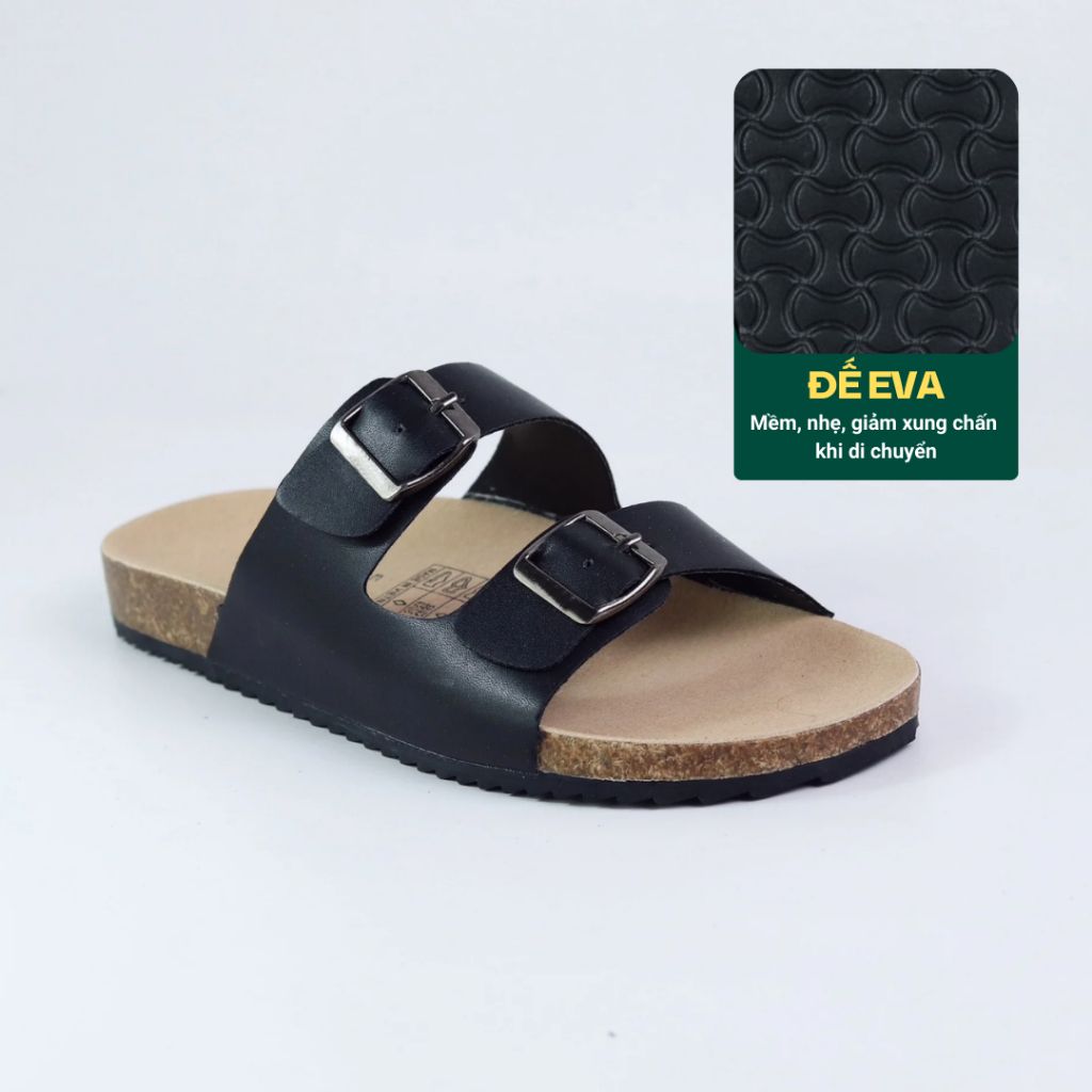 Dép đế trấu birken quai ngang 2 khoá MẶT ĐEN HISHOO S093