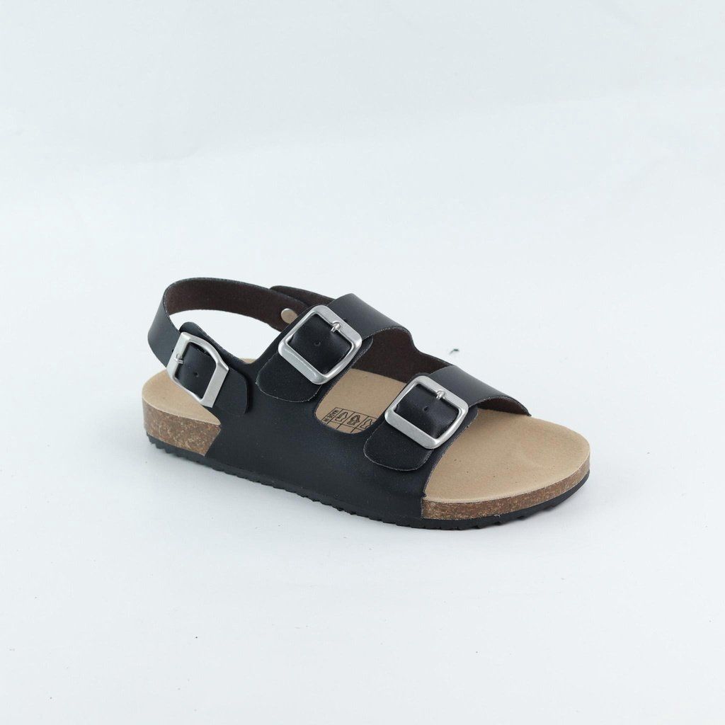 Dép đế trấu Sandal birken 2 khoá da PU mặt đen HISHOO S102