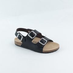 Dép đế trấu Sandal birken 2 khoá da PU mặt đen HISHOO S102