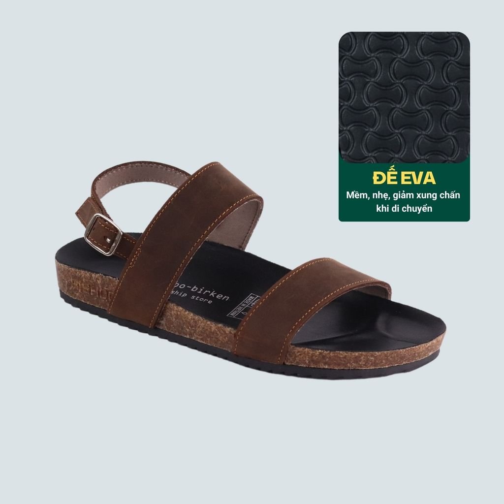 Dép đế trấu Sandal birken quai ngang da bò HISHOO M050