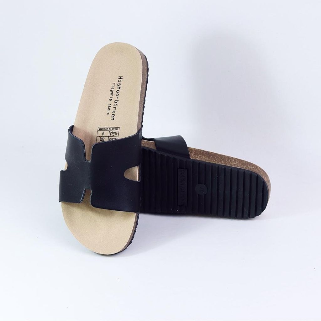 Dép đế trấu birken quai ngang chữ H MẶT ĐEN HISHOO S095
