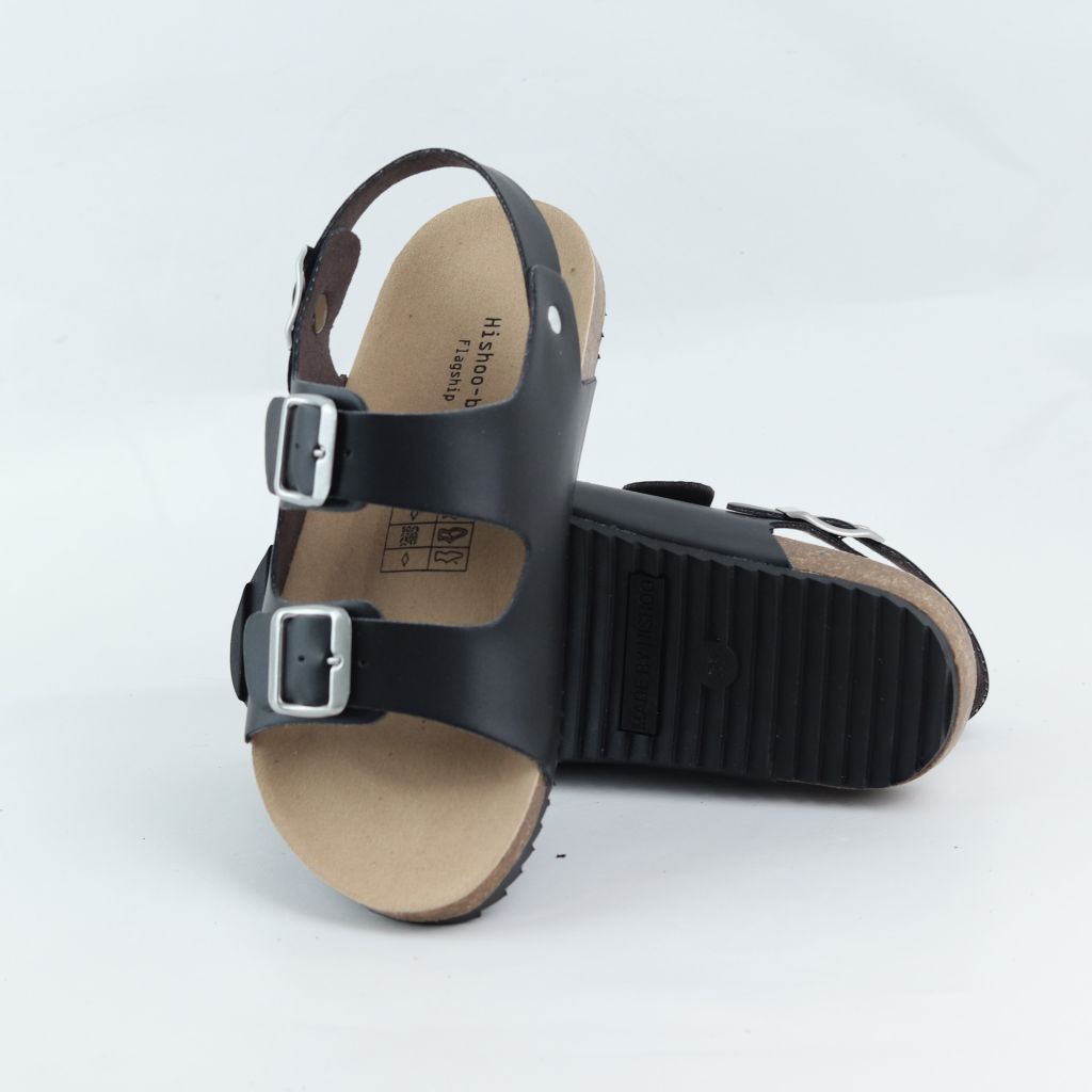 Dép đế trấu Sandal birken 2 khoá da PU mặt đen HISHOO S102