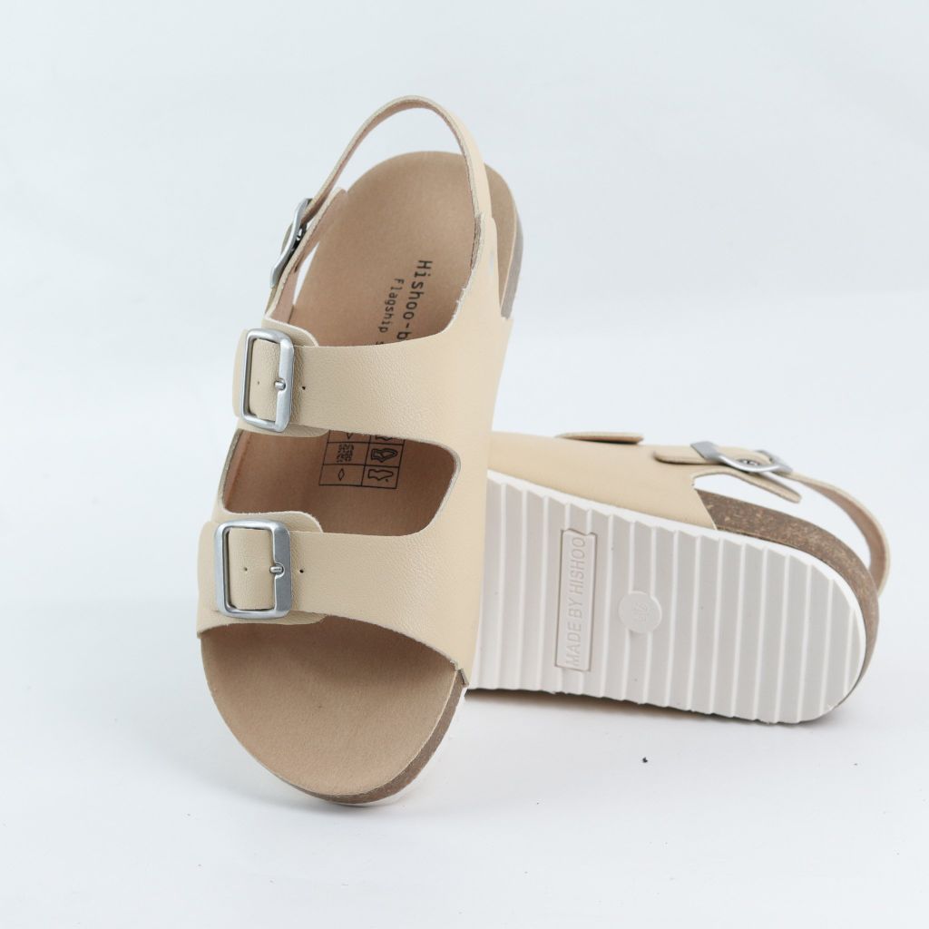 Dép đế trấu Sandal birken 2 khoá da PU mặt đen HISHOO S102