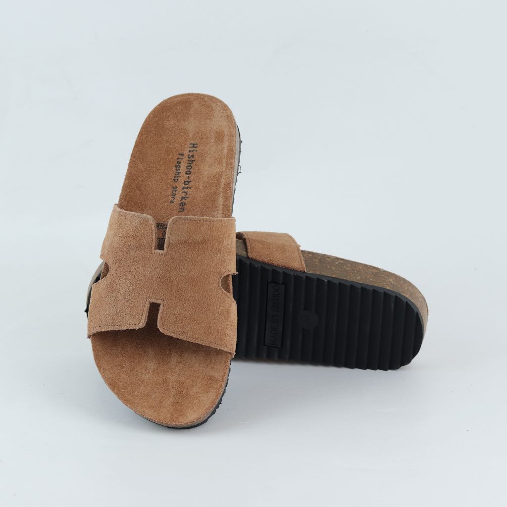 Dép đế trấu birken quai ngang chữ H da lộn HISHOO R095