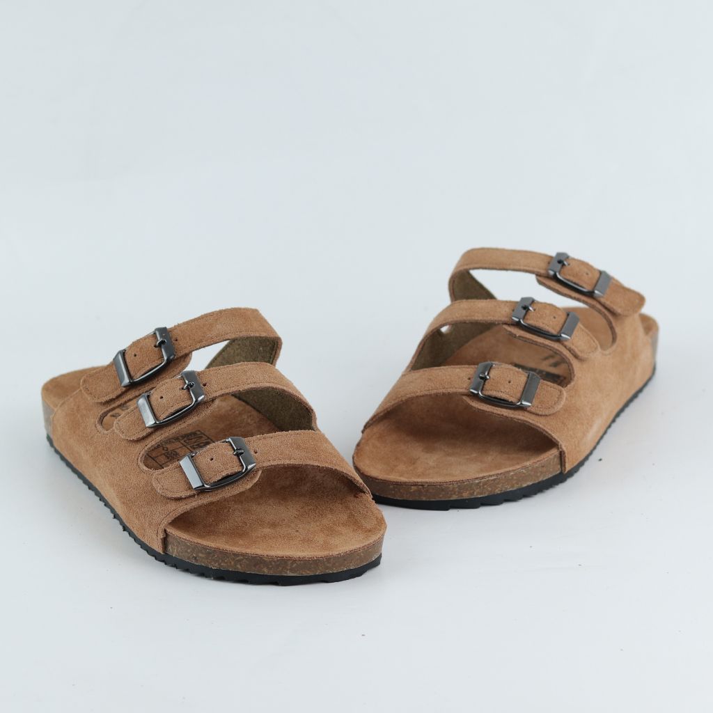 Dép đế trấu birken quai ngang 3 khoá da lộn HISHOO R092