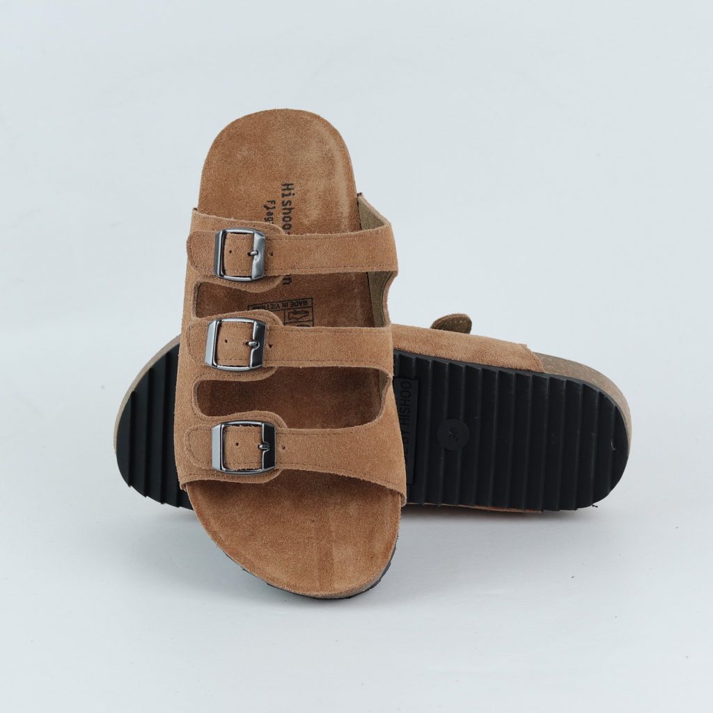 Dép đế trấu birken quai ngang 3 khoá da lộn HISHOO R092