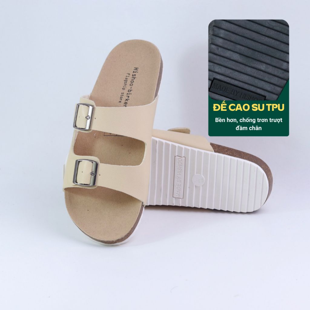 Dép đế trấu birken quai ngang 2 khoá MẶT ĐEN HISHOO S093
