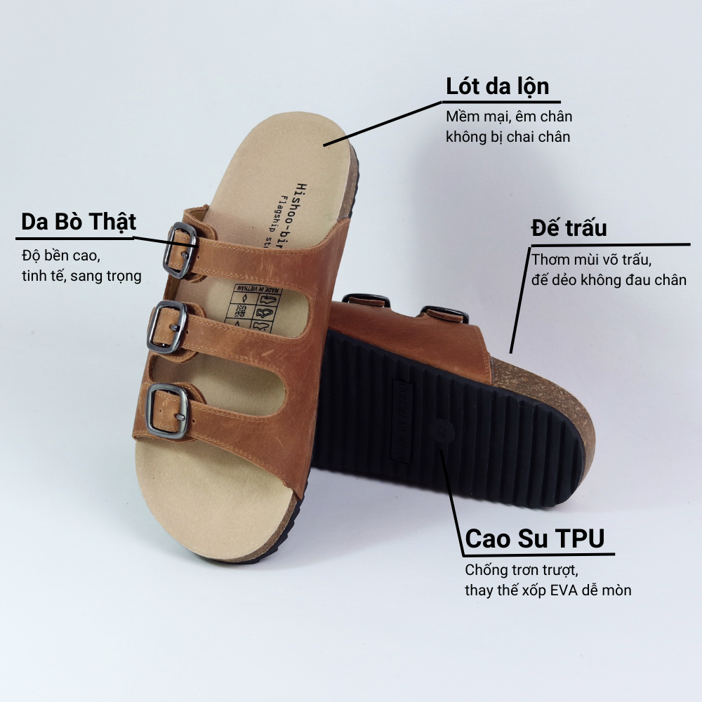 Dép đế trấu birken quai ngang 3 khoá da bò HISHOO M092