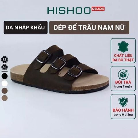 Dép đế trấu birken quai ngang 3 khoá da bò HISHOO M092