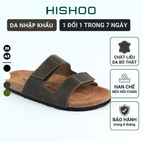 Dép đế trấu birken quai ngang xé dán da bò HISHOO M105