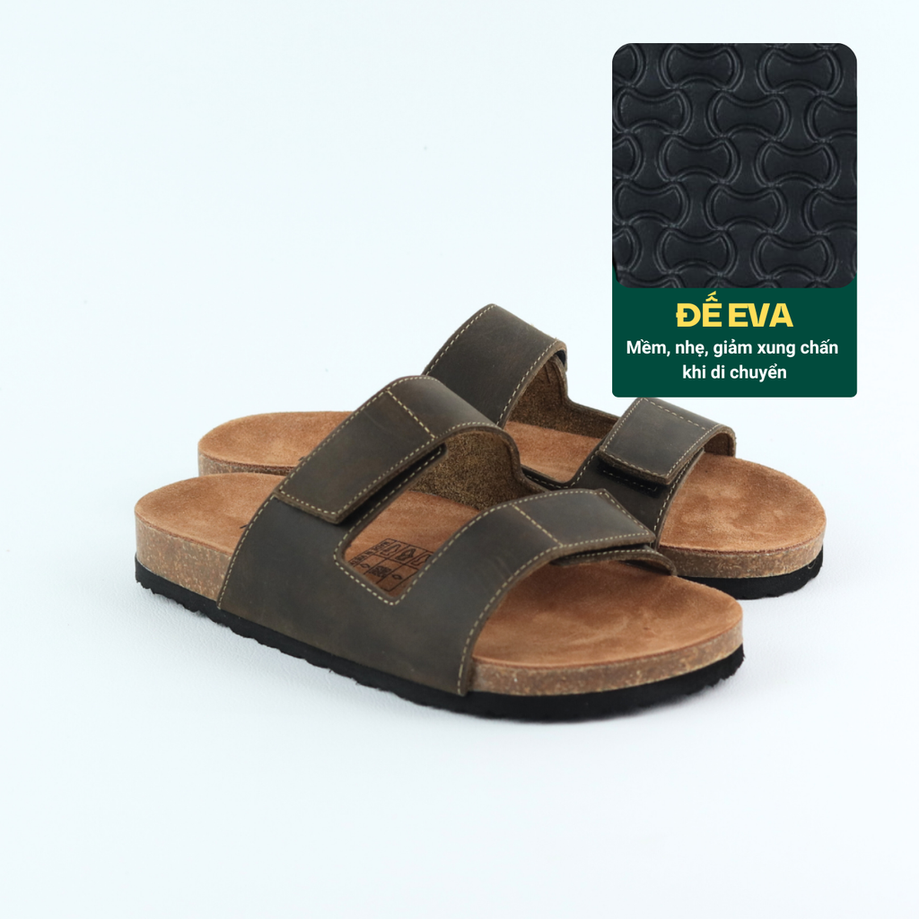 Dép đế trấu birken quai ngang xé dán da bò HISHOO M105