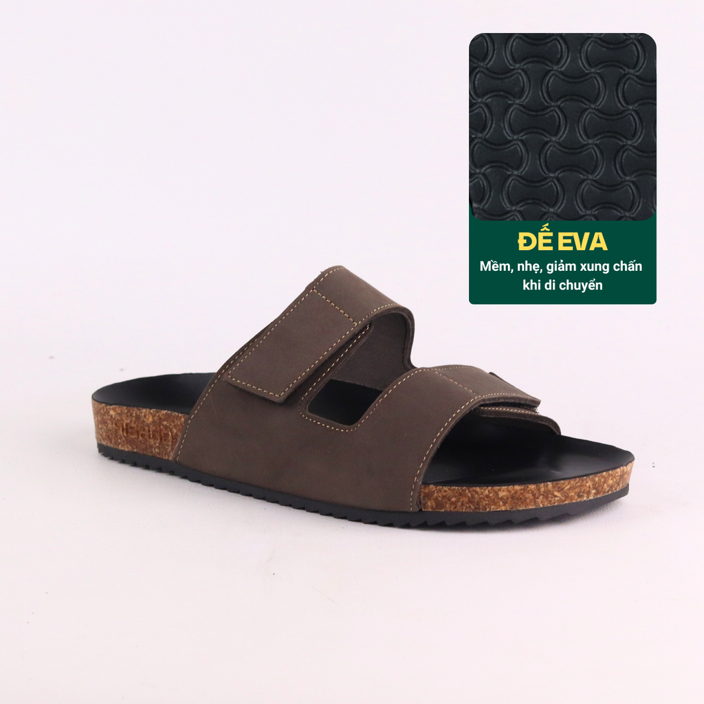 Dép đế trấu birken quai ngang xé dán da bò HISHOO M105