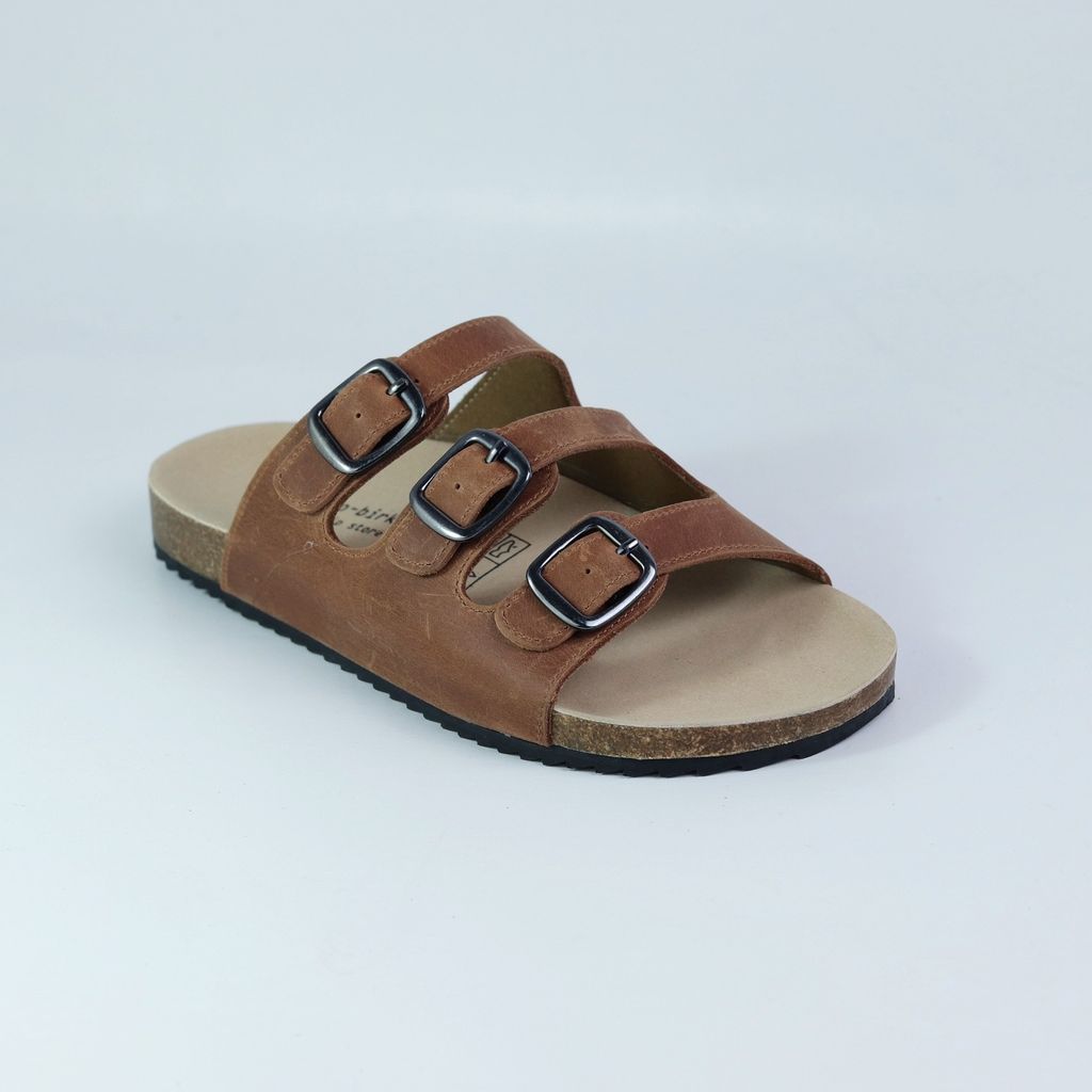 Dép đế trấu birken quai ngang 3 khoá da bò HISHOO M092