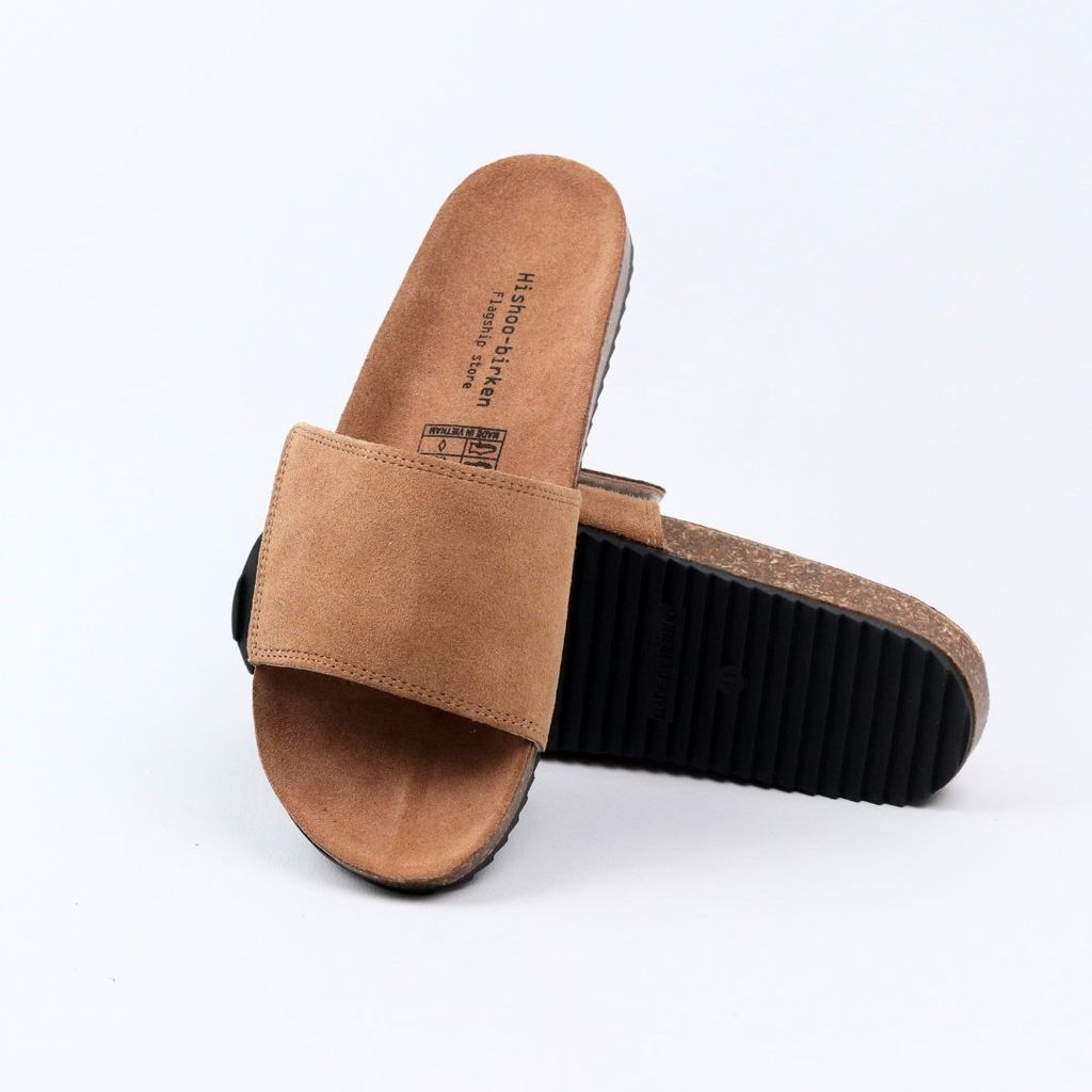 Dép đế trấu birken quai ngang Xé Dán da lộn HISHOO R103