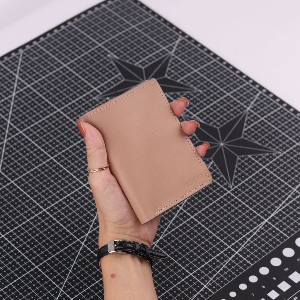 Ví Da Dáng Đứng Nam Nữ Đựng Thẻ [HỒNG KEM] Alpha Da Bò Phụ Kiện Hishoo V004